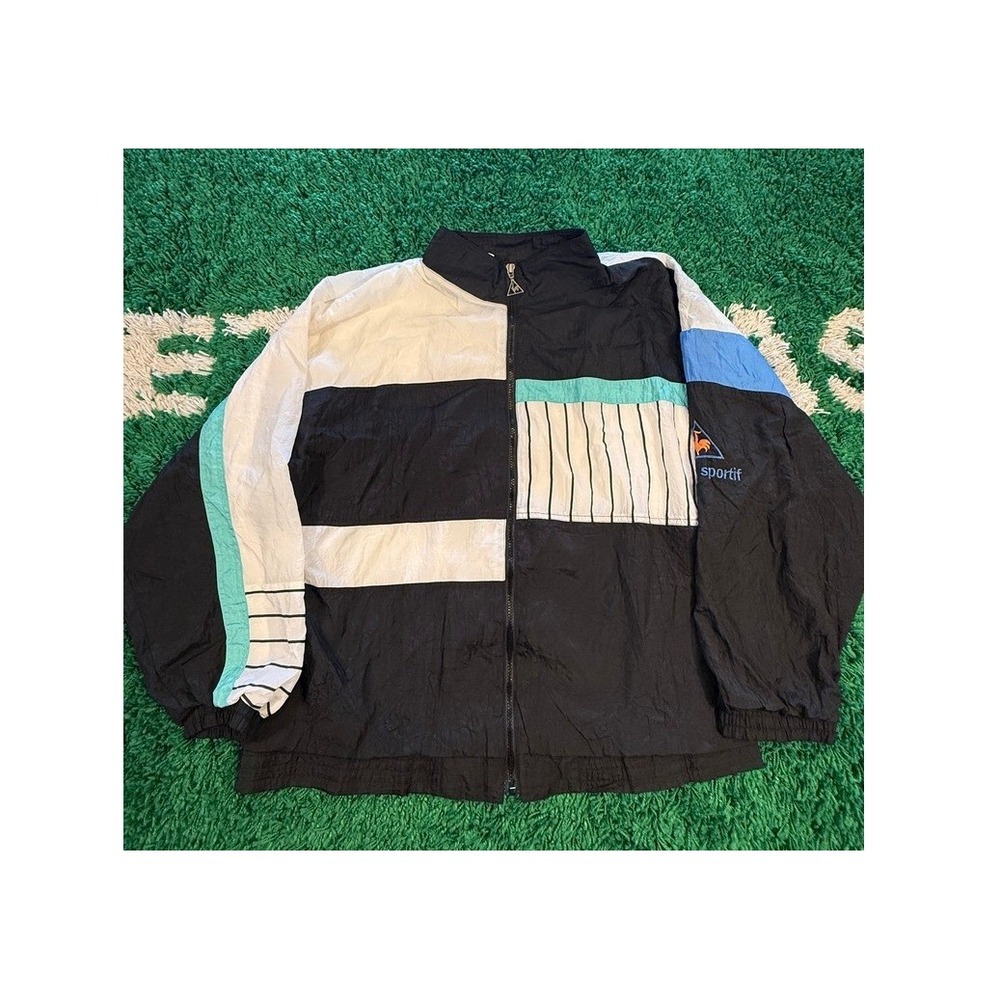 Le Coq Sportif Windbreaker Jacket Mens XL Black Vintage 90s Colorblock Striped